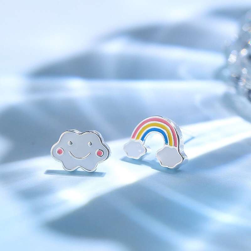 

2pcs Cartoon Cloud & Rainbow Stud Earrings, Silver