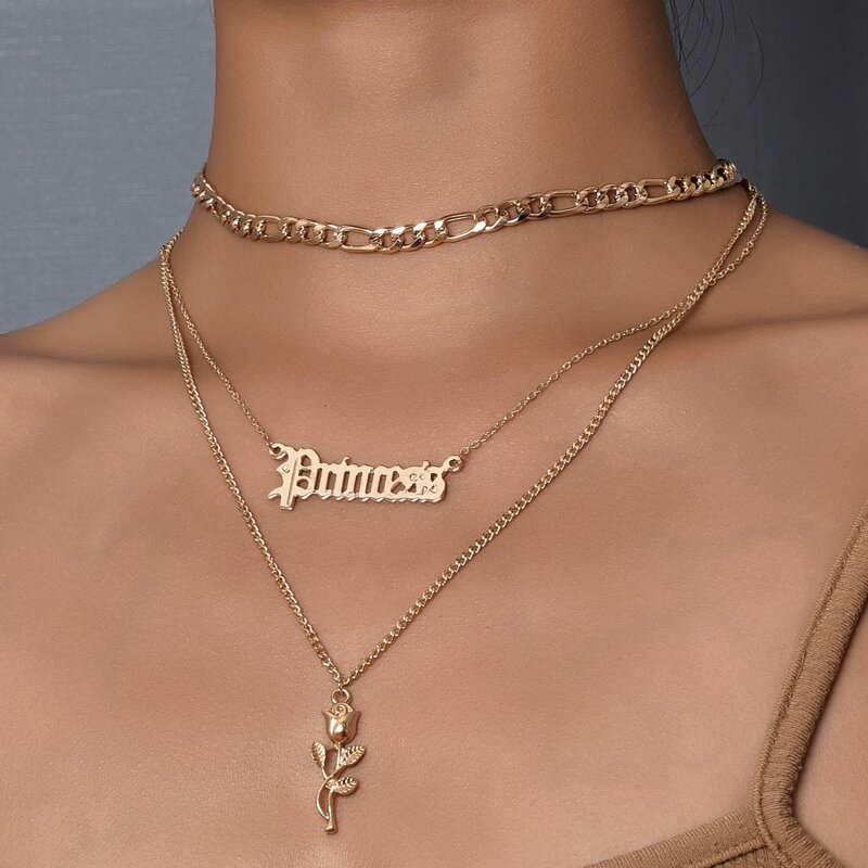 

Rose Flower & Letter Pendant Layered Necklace, Gold