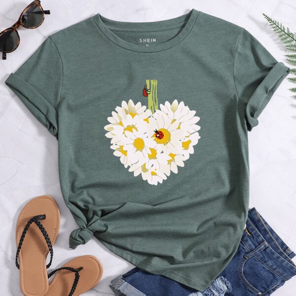 

Heart & Floral Print Tee, Green