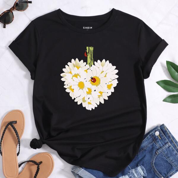

Heart & Floral Print Tee, Black
