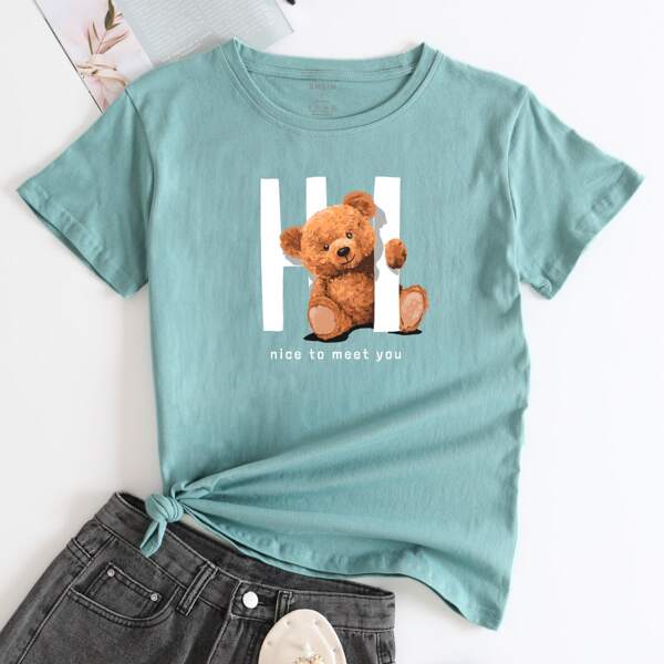 

Cartoon Bear & Slogan Graphic Tee, Baby blue