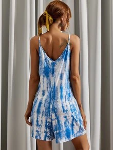 毛刷印花闊腿連身衣 - 藍白色 - 查看 2