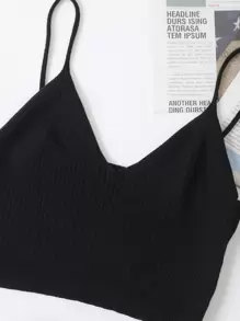 INAWLY 素色羅紋針織吊帶上衣 - 黑色 - 查看 5