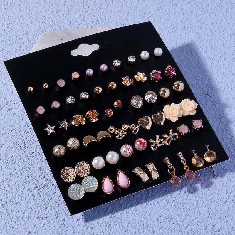 

30pairs Flower & Rhinestone Decor Earrings, Gold