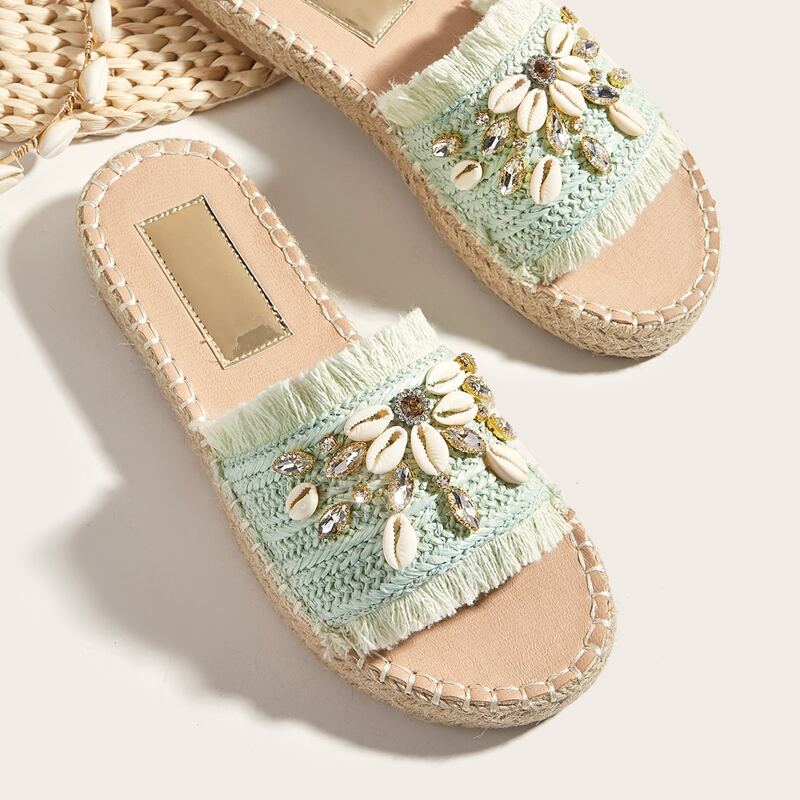 

Shell Decor Fringe Trim Slide Sandals, Green