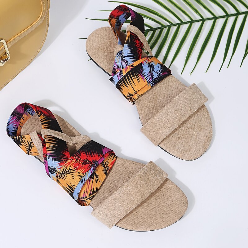 

Feather Print Tie Leg Flat Sandals, Beige