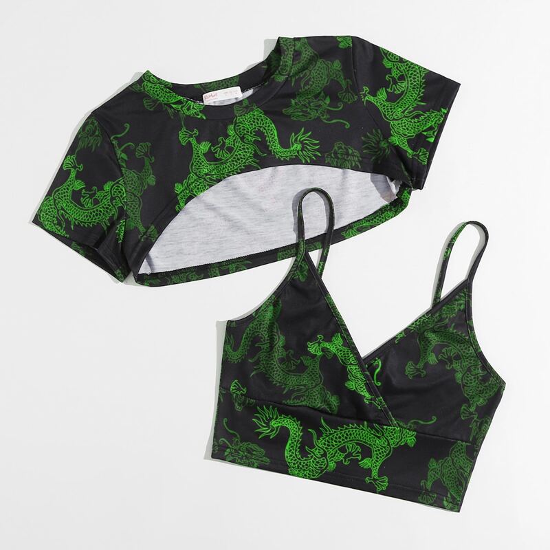 

Chinese Dragon Graphic Super Crop Tee & Cami, Green