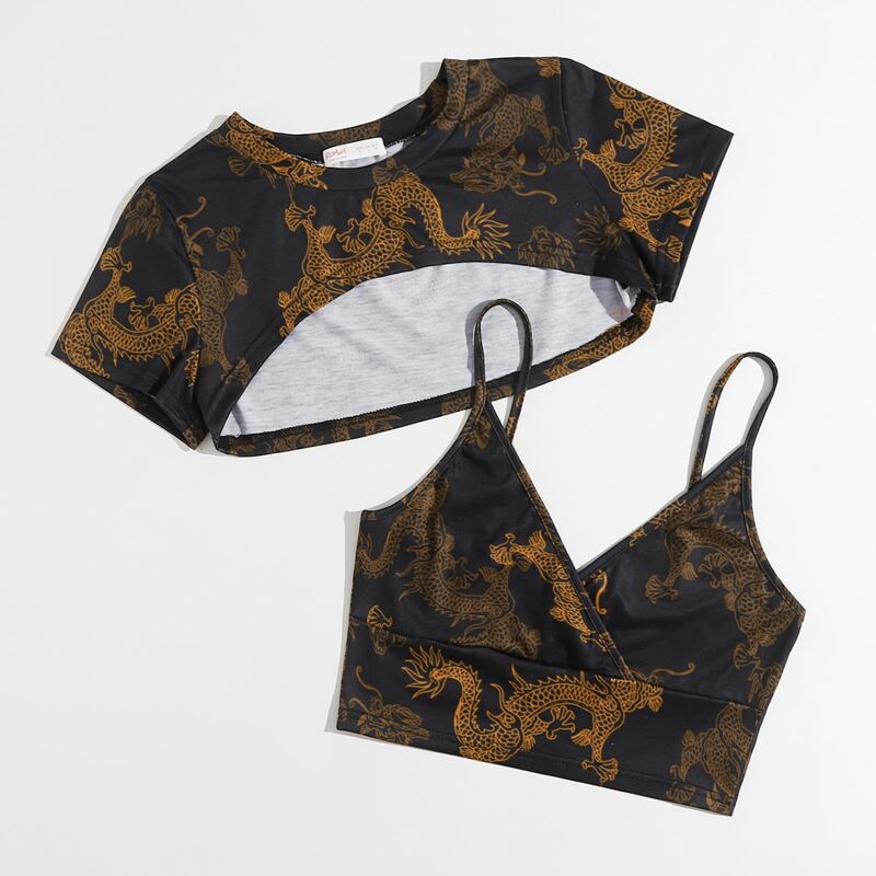 

Chinese Dragon Graphic Super Crop Tee & Cami, Yellow