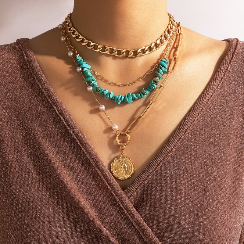 

Round Pendant Faux Pearl Decor Layered Necklace, Gold