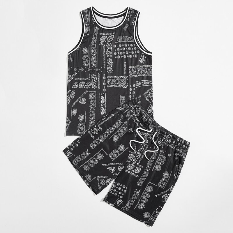 

Guys Contrast Tape Paisley Print Tank & Drawstring Shorts, Black