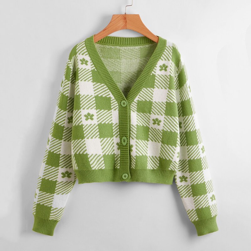 

Floral Pattern Plaid Button Front Cardigan, Green