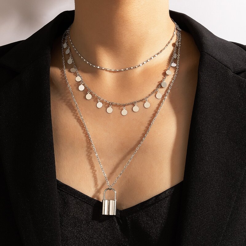 

Lock & Disc Charm Layered Necklace, Silver