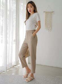 DAZY Slant Pocket Solid Tailored Trousers - Khaki - View 4