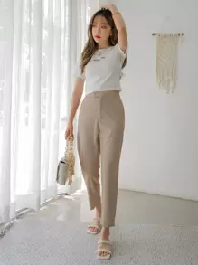 DAZY Slant Pocket Solid Tailored Trousers - Khaki - View 8