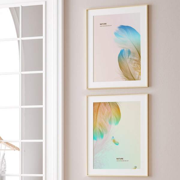 

2pcs Feather Print Unframed Painting, Multicolor