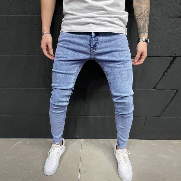 

Men Solid Washed Skinny Jeans, Light wash