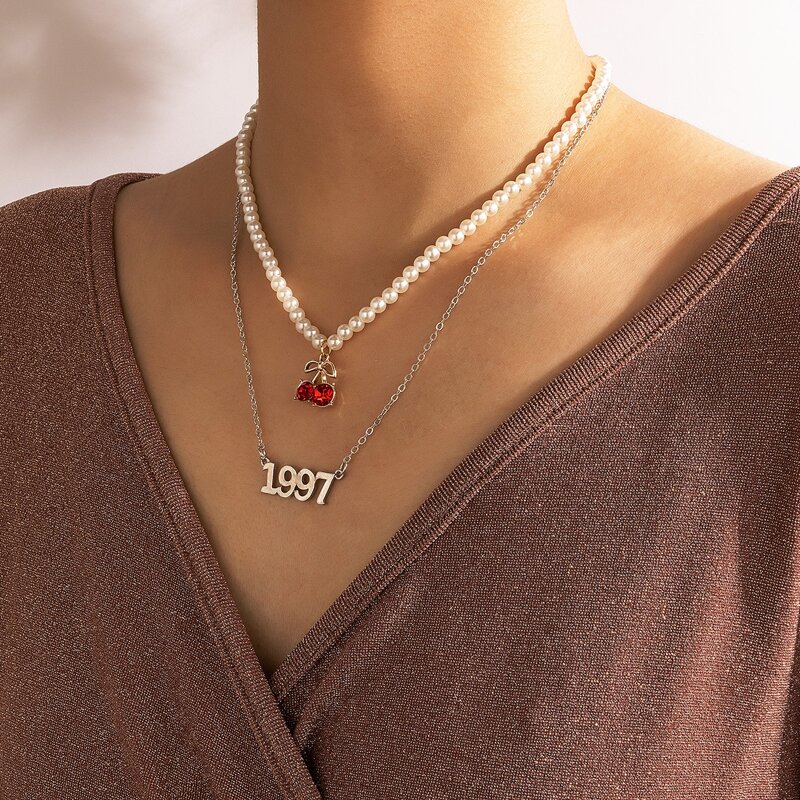 

2pcs Cherry Pendant Faux Pearl Necklace, Silver