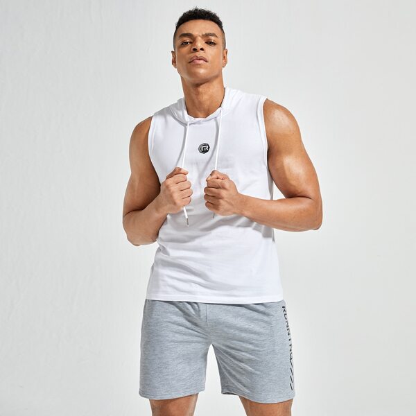 

Men Letter Graphic Drawstring Hooded Sports Tank Top, White