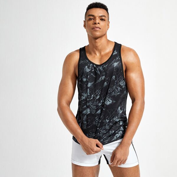 

Men Graphic Print Sports Tank Top With Shorts, Black and white