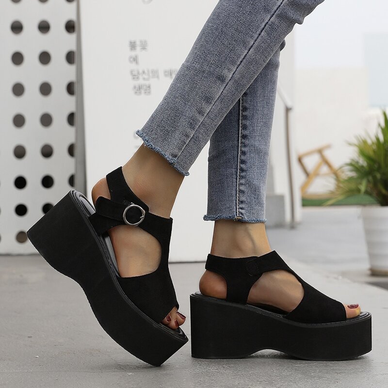 

Suede Cut Out Wedge Sandals, Black