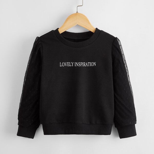 

Toddler Girls Contrast Dobby Mesh Sleeve Letter Graphic Sweatshirt, Black