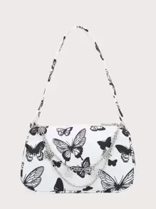 Zipper Shoulder Bag, Fashion Butterfly Pattern Underarm Bag, Stylish Chain Decor Purse Mini Butterfly Graphic Bag Valentines - Multicolor - View 1