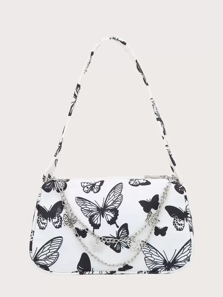 Zipper Shoulder Bag, Fashion Butterfly Pattern Underarm Bag, Stylish Chain Decor Purse Mini Butterfly Graphic Bag Valentines - Multicolor - View 1
