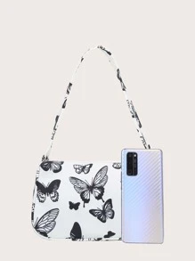 Zipper Shoulder Bag, Fashion Butterfly Pattern Underarm Bag, Stylish Chain Decor Purse Mini Butterfly Graphic Bag Valentines - Multicolor - View 5