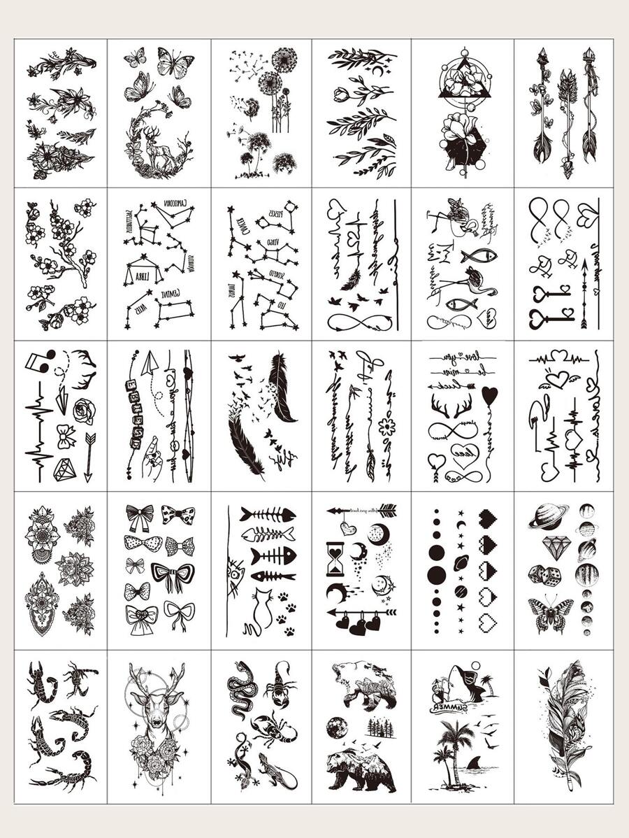 30张黑色花卉、蝴蝶、鸟类图案临时纹身贴纸，适用于手指、手腕、身体其他部位，素描风格 - 黑色 - 查看 1