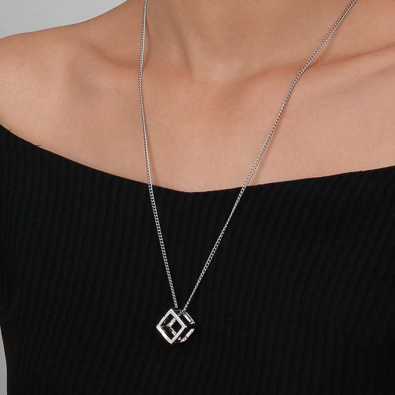

Hollow Out Cube Pendant Necklace, Silver
