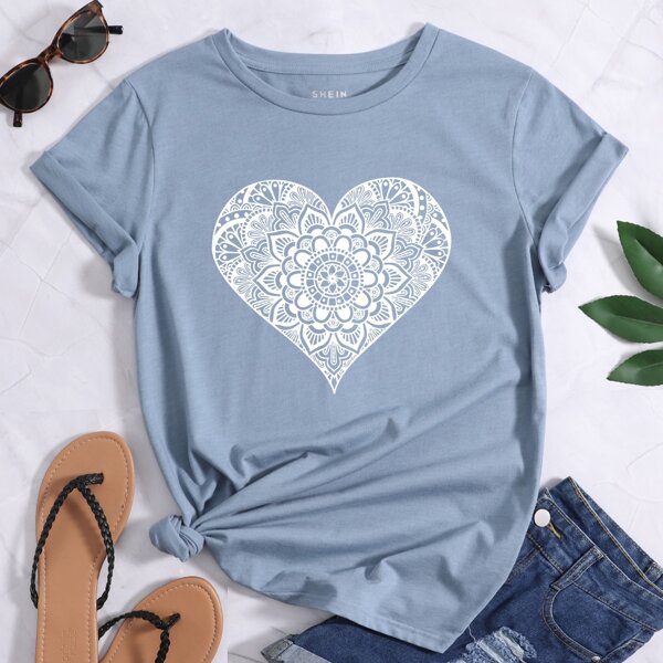 

Mandala & Heart Print Tee, Dusty blue