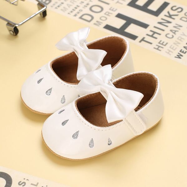 

Baby Girl Bow Decor Velcro Strap Flats, White