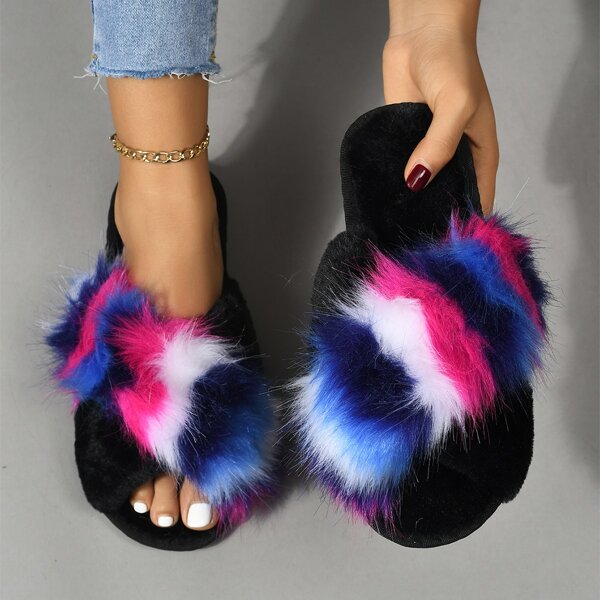 

Color Block Fluffy Slippers, Multicolor