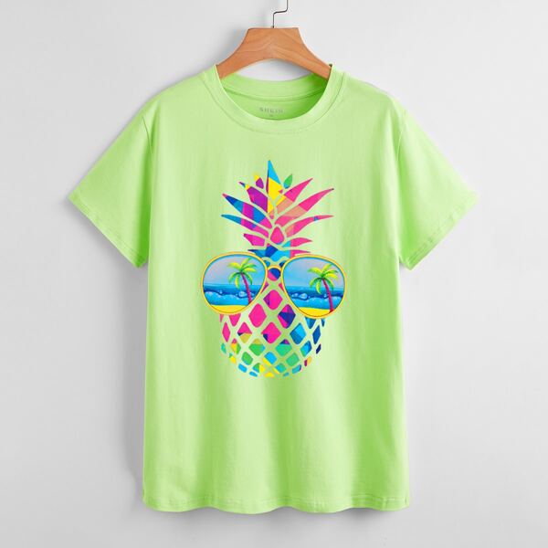 

Pineapple And Tropical Print Tee, Lime green