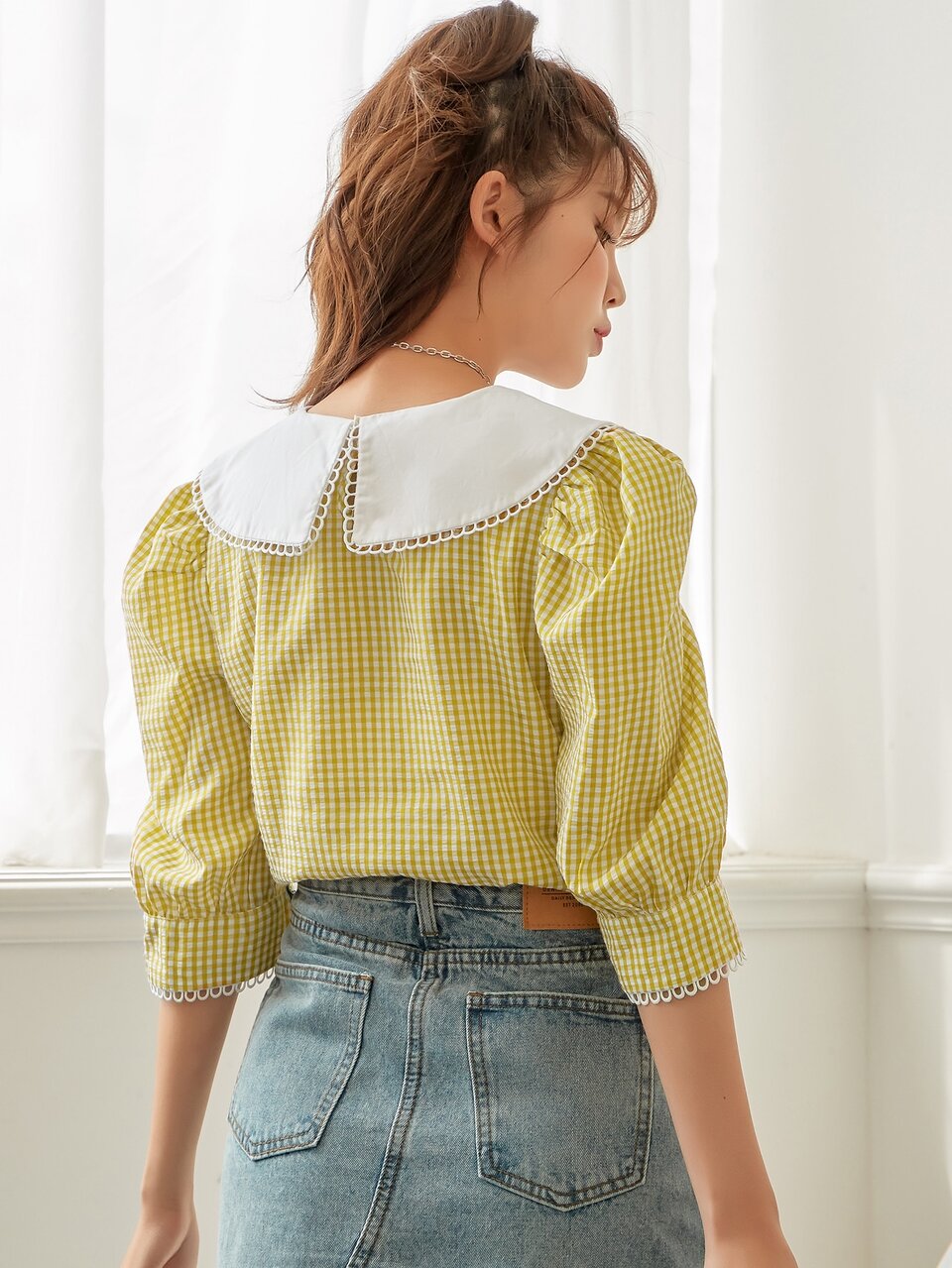 Contrast Peter Pan Collar Gingham Blouse