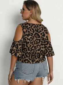 SHEIN LUNE 大碼豹紋交叉露肩襯衫 - 棕色 - 查看 2