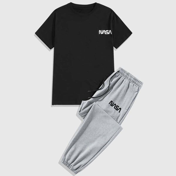 

Men Letter Graphic Tee With Drawstring Sweatpants, Multicolor