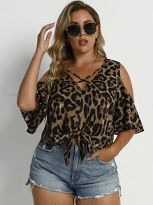 SHEIN LUNE 大碼豹紋交叉露肩襯衫 - 棕色 - 查看 6