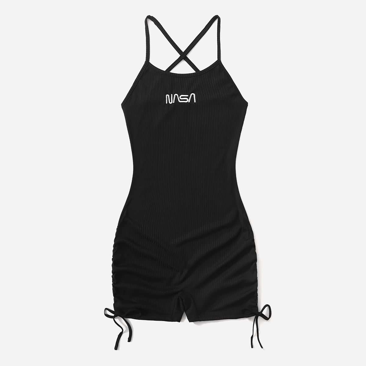 

Letter Embroidery Drawstring Ruched Unitard Jumpsuit, Black