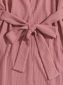 SHEIN 三件套华夫格针织腰带睡袍、吊带背心和短裤家居服套装，舒适保暖，秋冬服装 - 藕粉色 - 查看 4