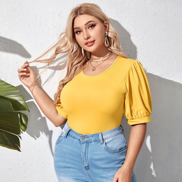 

Plus Solid Puff Sleeve Tee, Yellow
