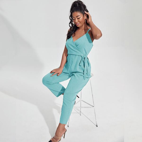 

Plus Surplice Front Tie Side Cami Jumpsuit, Mint blue