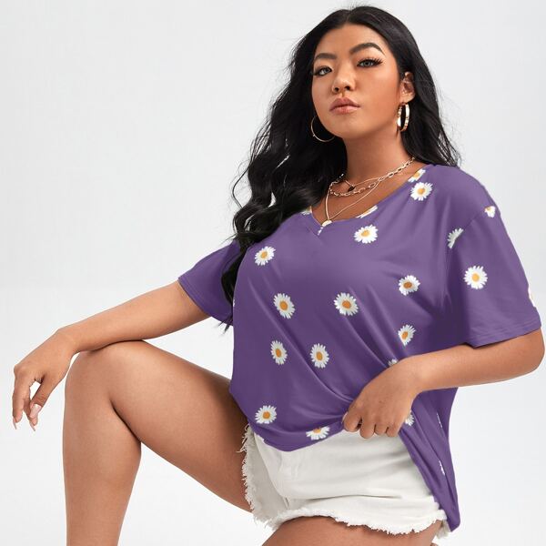 

Plus Daisy Print Drop Shoulder Tee, Violet purple