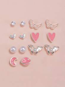 7pairs Heart & Butterfly Design Earrings - Silver - View 1