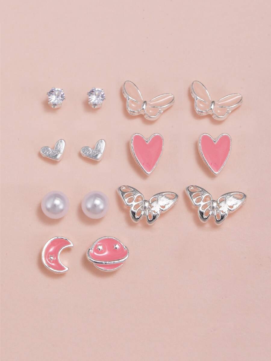 7pairs Heart & Butterfly Design Earrings - Silver - View 1