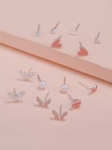 7pairs Heart & Butterfly Design Earrings - Silver - View 2