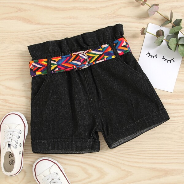 

Джинсовые шорты с поясом для девочек, Чёрный