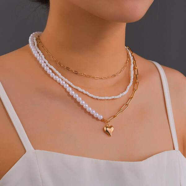 

2pcs Faux Pearl Decor Necklace, Gold