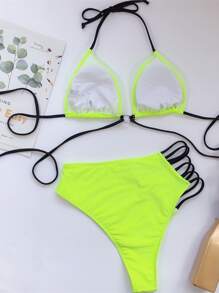 Neon Lime Ladder Cut-Out Triangle Bikini Set, For Summer Beach Vacation - Lime Green - View 2