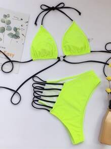 Neon Lime Ladder Cut-Out Triangle Bikini Set, For Summer Beach Vacation - Lime Green - View 3